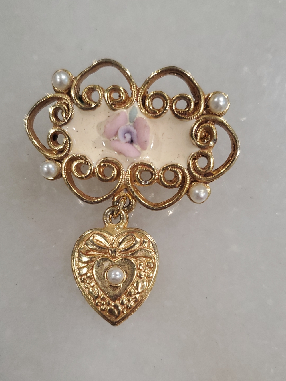 Gold-Tone Pink Rose Heart Drop Brooch Pin